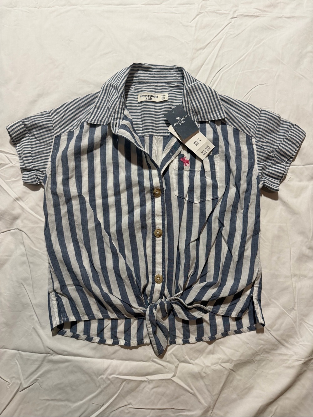 Abercrombie Kids Girls 7/8 Blue White Stripe Tie Front Button Shirt NWT